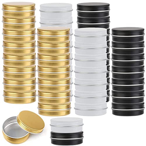 Tosnail 48 Pack 2 oz Round Tins with Screw Lids Lip Balm Tin Container Aluminum Empty Tins Cosmetic Containers Metal Storage Tin Jars - Black, White and Gold