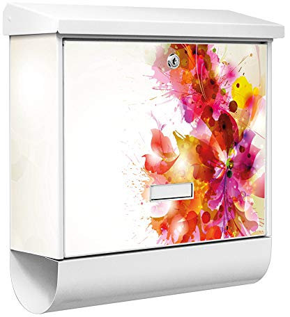 banjado® Burgwächter Briefkasten Weiß 38x39x12cm mit Motiv Pink Explosion/Briefkasten mit Zeitungsfach/Briefkasten mit Zeitungsrolle/Postkasten inkl. Montagematerial & 2 Schlüsseln