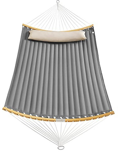 SONGMICS Hängematte für 2 Personen, gepolstert, Outdoor Hängematte mit trennbaren Bambusstangen, Camping-Hängematte mit Kissen, 200 x 140 cm, max. 225 kg belastbar, grau-beige GDC34CG