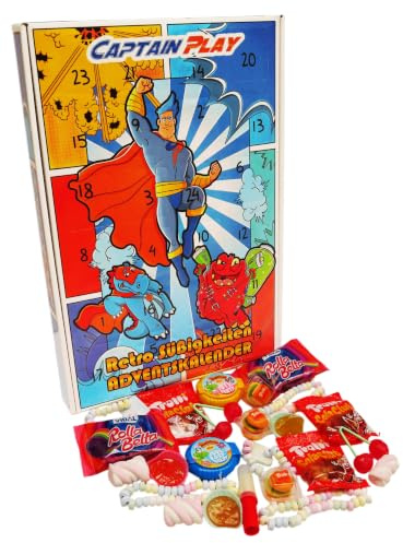 CAPTAIN PLAY Retro Süßigkeiten Adventskalender 2025, Weihnachtskalender mit Süßigkeiten, 348g Retro Adventskalender Süßigkeiten