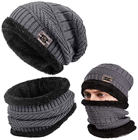 FCHITOP Herr Vintermössa Herr Stickad Mössa med Sjal 2 Stycken Utomhus Skidhatt Och Set, Mörkgrå, one size
