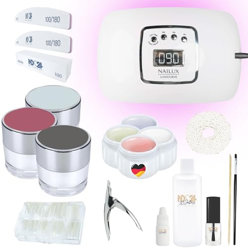 – Gelnägel Starter Set Premium mit LED Haftgel, Aufbaugel, Frenchgel, Versiegelungsgel, LED-Lampe & Zubehör + Nude Gele – Komplettset für Anfänger geeignet – LED Gele Made in Germany