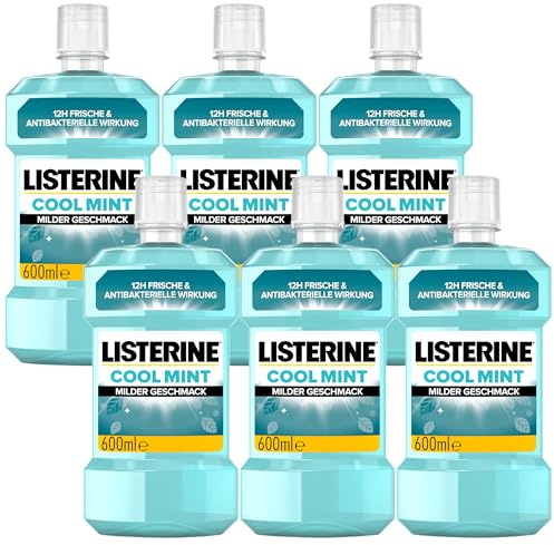 LISTERINE Cool Mint milder Geschmack (6 x 600 ml), antibakterielle Mundspülung ohne Alkohol mit ätherischen Ölen, für ein langanhaltendes Frischegefühl