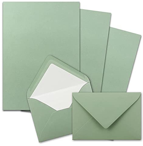 50x Briefpapier-Sets DIN A4 mit C6 gefütterten Briefumschlägen, Nassklebung - Eukalyptus-Grün - mattes Schreibpapier und Kuverts mit weißem Seidenfutter