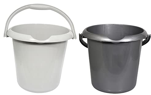 Set of 2-5 Litre Taupe & Silver Round Plastic Bucket With Carry Handles and Functional Spout Strong Multipurpose Space Saving Fishing Water Car Wash Bucket For Food Storage Garden Cleaning Kitchen