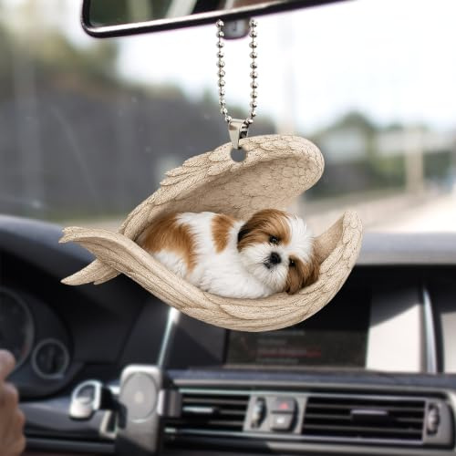 Talataca Weihnachtsbaum-Anhänger Motiv schlafender Shih Tzu in Gold und Weiß, flacher 2D-Weihnachtsschmuck, Auto-Rückspiegel-Anhänger
