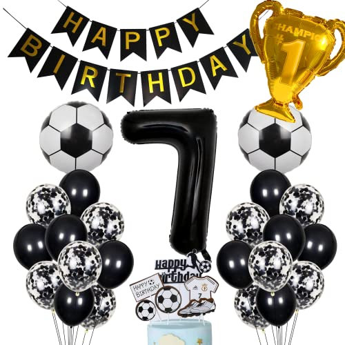 Cnrose Ballon Hélium Football Noir Chiffre 7 sept ans Garçon Kit Décoration Fête Anniversaire Enfant Topper Gâteau Thème Foot Lot Déco Party Bouquet Numéro 7 Foil Gonflable Fournitures