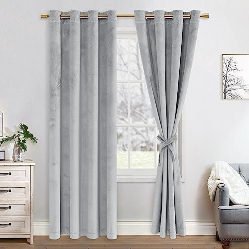 JIUZHEN Verdunklungsvorhang aus Samt,2er Set weiche blickdichte Gardinen mit Ösen für Schlafzimmer,140x215cm (Breite x Höhe),Silber grau
