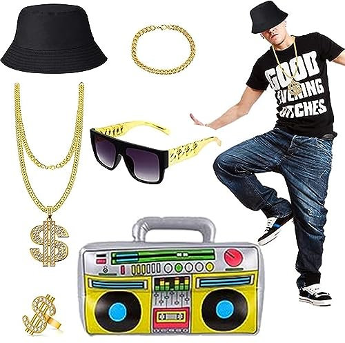 Joyday Store 80s 90s Hip Hop Fancy Dress Costume Kit Gangster Costume, Rapper Accessories Bucket Hat Dollar Sign Necklace Sunglasses Gold Bracelet Ring Outfits Disco Theme Up Party, 23x15x2cm