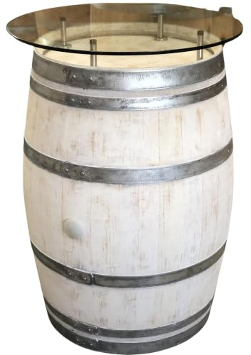 Fass-Schmiede Weinfass Stehtisch Très Chic mit Glasplatte (Glasplatte: 70cm Ø, Shabby White)