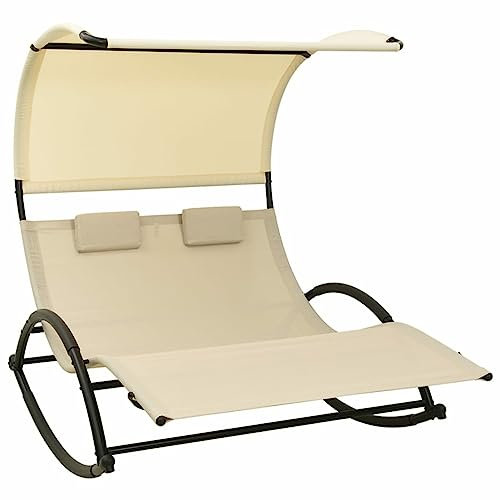 Festnight Tumbona Doble con Toldo Mecedora de Jardín con Dos Almohadas Tumbona Techada Tumbona de jardín Superficie de Descanso ergonómica Carga de 220 kg Crema
