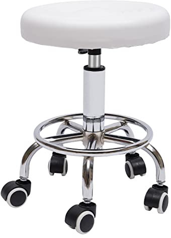 Rollhocker bis 150 kg - 33cm Sitz rund - Praxishocker PU-Leder Höhenverstellbar 44-57cm Drehhocker SPA Shop Salon Hocker mit Rädern Bürostuhl (weiß)