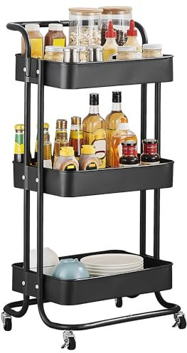 HOUHA Servierwagen Küchenwagen Mit Rollen, Metall Rollwagen Mit 3 Schubladen Küche, Bastelwagen Mit Griff für Badezimmer und Küchen, Schwarz