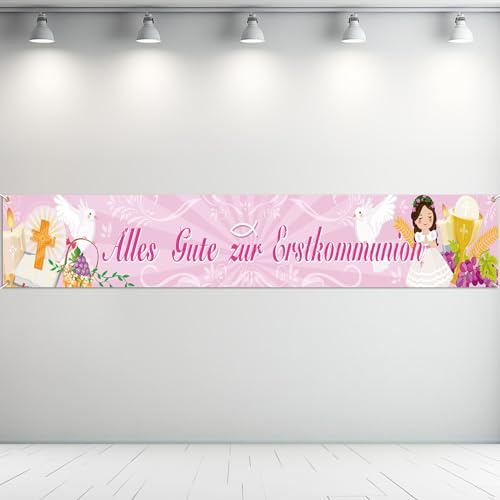 DPKOW rosa Alles Gute zur Erstkommunion Banner für Mädchen Kommunion Deko rosa, Mädchen Erstkommunion Deko rosa, Mädchen Erste Heilige Kommunion Deko für Innen Außen, 230 * 30cm