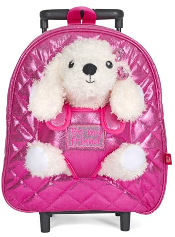 PERLETTI Pudel Kuscheltier Rucksack Mädchen mit Rädern - Pink Kindergepäck Kindergarten mit Plüschtier Plüsch Hündchen - Rosa Kindertasche Rollrucksack für Kinder 3 4 5 6 Jahre (Rucksack mit Rollen)