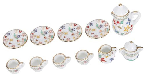 Exquisito Juego de té de Flores de Porcelana en Miniatura para Cocina de Casa de Muñecas 1:12, Colección de Minijuegos de té Deco de 15 Piezas Cocina de Casa