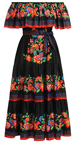 EFOGEP Women Mexican Fancy Dress Traditional Fiesta Dresses with Belt | Summer Boho Floral Printed Drape Dress Off Shoulder Casual Wedding Beach Party Dress