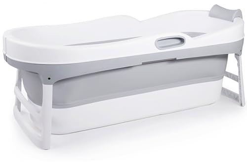 HelloBath® Hopfällbart Badkar XL 147x63x52 cm för Vuxna | Portabelt Badkar med Nackstöd & Utdragbar Avloppsslang (3 m) | Mobilt för Dusch & Utomhusbruk | Ljusgrå