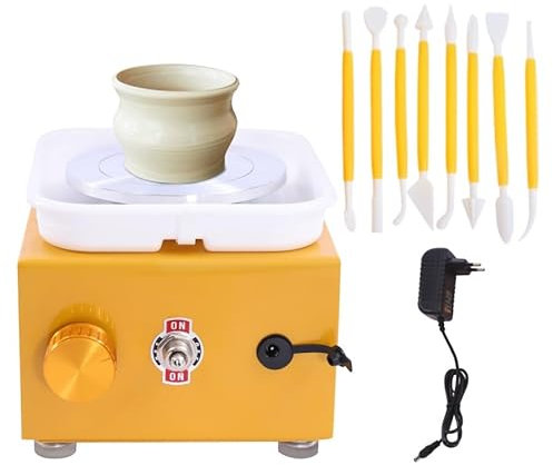 Mini Töpferscheibe Elektrische, Keramikscheibe Elektrisch, 2000U/min, Tonmaschine mit 10 cm Drehteller, Keramikformwerkzeug für Kinder und Anfänger zu Machen Keramik, Komplettes Zubehör (Gelb)