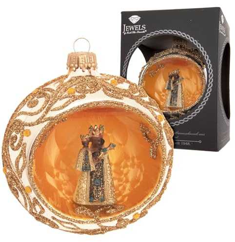 Krebs Glas Lauscha - Weihnachtsdekoration/Christbaumschmuck aus Glas - Weihnachtsbaumkugel Reflex - Motiv: Schwarze Madonna - Glitzernd Verziert mit Strasssteinen - Größe: ca. 8 cm - Made in Europe