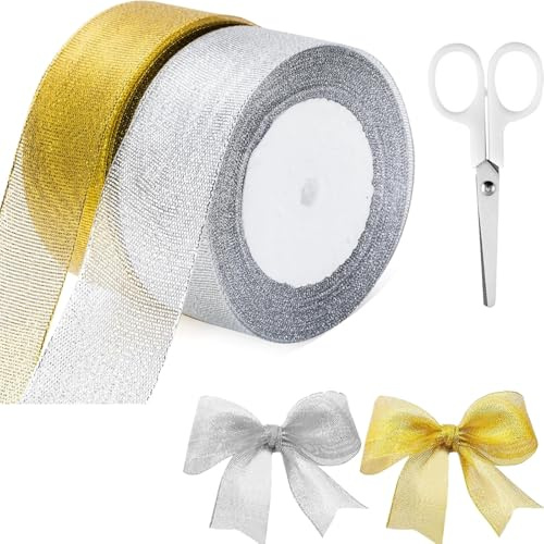 2 Stück Geschenkband Weihnachten, Schleifenband Weihnachten, Geschenkband Breit, GeschenkbandSilber, DekobandWeihnachten, Goldenes Band
