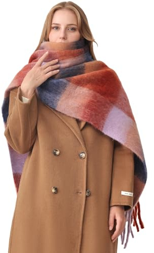 HOTIAN Écharpe pour femme - Écharpe d'hiver chaude et épaisse - Écharpe enveloppante colorée - Écharpe à carreaux surdimensionnée - Écharpe douce et chaude pour l'automne, rouge, taille unique