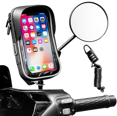 LPAMABA Soporte Móvil Moto Impermeable, Soporte Movil Moto Retrovisor con Cerradura de Casco con Contraseña, Pantalla Táctil Sensible, Ajustable 360°, Compatible con Móviles de 6,7 Pulgadas