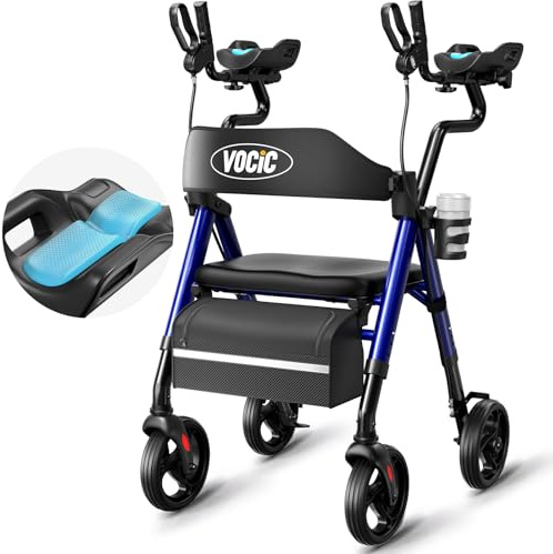 VOCIC Z22 Déambulateur Pliable et Léger avec Siège, Déambulateur GelCool avec Supports de Bras et Accoudoirs Réglables, Déambulateurs pour Seniors avec Siège Confortable, jusqu'à 136 kg