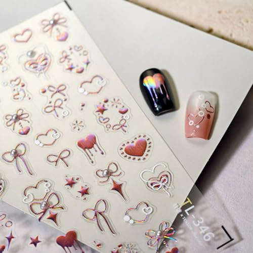 JMEOWIO 3D Nagelsticker Herz Schleife Stern Nail Art Sticker Selbstklebend Nagelaufkleber 5D Stereoskopisch Dekoration Nageldesign Zubehör 1 Blatt