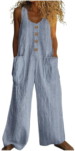 Women's Stripes Jumpsuits Sale Clearance Cotton Linen Dungarees Ladies Sleeveless Overall Casual Baggy Playsuit Round Neck Elegant Rompers Sexy Tank Tops Jumpsuit Trousers Long Pants with Pockets