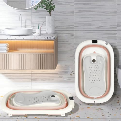 Faltbare Babybadewanne, Thermalbad für Babys, faltbare Babybadewanne, Kinderbadewanne geeignet für Neugeborene bis Kleinkinder, mit Badewannenablage, 43 x 71 x 18,5 cm - Rosa