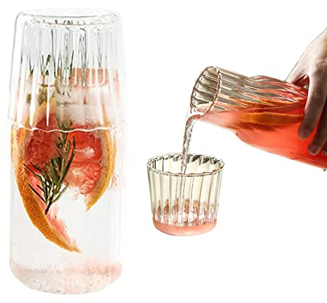 4pcs Carafe set di caraffa con bicchiere in vetro da 600 ml Carafe a coste del capezzale con tazza di vetro impostata bottiglia per collutori vintage trasparente