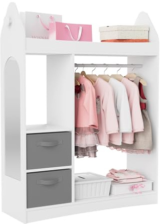 Kinder Kleiderschrank 81 x 28 x 106,5 cm Rakete mit 2 Schubladen, Weiß | Kinderkleiderständer mit Boxen, Kleiderstange, Spiegel und Ablagen, Kindergarderobe aus Holz, Kinderregal