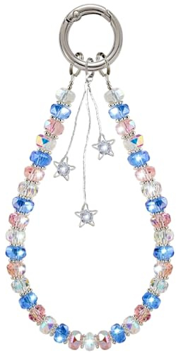 Sternanhänger Handykette Perlen Blau Rosa Sterne Handy Kette Kurz Handgelenk Glitzer Zirkon Sternquaste Handyband Mädchen Schlüsselband Handyschlaufe Universal Handykordel Handygurt Handyketten