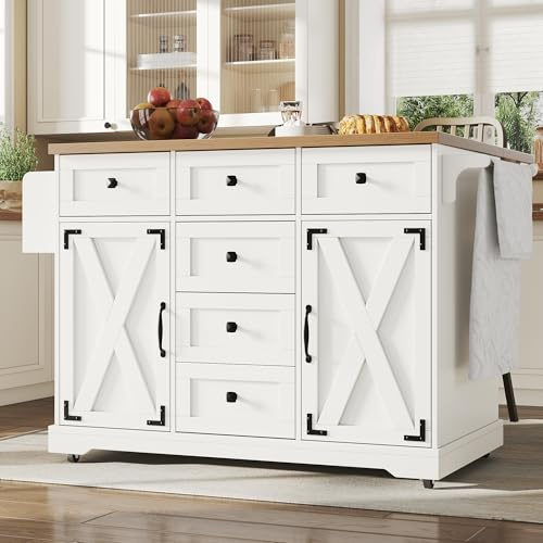 Oslghy Isla De Cocina con Ruedas, Carro de Cocina con Mesa de Comedor Extensible, Mueble Auxiliar de Cocina con 5 Cajones y 2 Puertas de Vetas de Madera, Gabinete Buffet, 147x44(70) x93cm (Blanco)