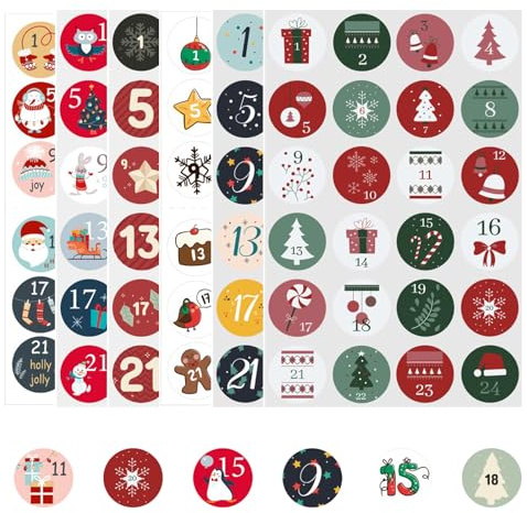 JEKRWNOY Aufkleber Adventskalender Zahlen,1-24 Aufkleber Klebezahlen Selbstklebend Etiketten Adventskalender Basteln Weihnachten,Rund Zahlenaufkleber Nummern