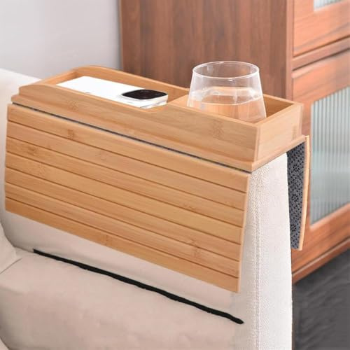 Mixtric Portavasos De Bambú para Sofá para Bebidas Y Aperitivos Antideslizante Y Plegable Bandeja para Reposabrazos De Sofá Mesa con Bandeja para Reposabrazos De Sofá,C,2PCS