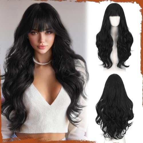 Sofeiyan Perücke Damen,60 cm Langhaarperücke Damen mit Pony | Gewellte Lange Perücken,Synthetische Haar für Täglich Partys Festliche Cosplay,Natürliches Schwarz