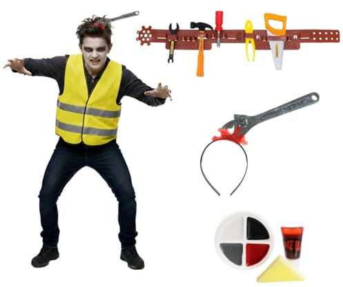 Zombie Builder für Kinder, klein, gelbe Warnweste, Schraubenschlüssel am Stirnband, Werkzeuggürtel mit 5 Werkzeugen, Gesichtsfarbe, Kunstblut – Kinder, Jungen, Mädchen, gruseliges Halloween-Kostüm