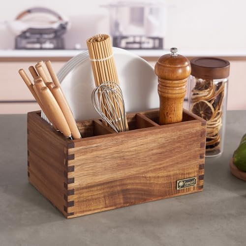 SANOSY Acacia Wood Utensil Holder, Paper Plate Dispenser Organizer for Countertop - 4 Compartment Silverware Caddy for Friendsgiving Party - Cutlery Holder for Cup, Fork, Spoon, Kitchen, Camping