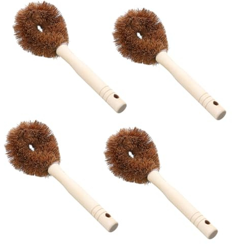 COMPUKAS Coconut Dish Scrubber Long Handle Pan Brush with Non Slip Grip and Hanging Hole Kitchen Cleaning Brush for Pots Pans Cast Iron Skillet and Sink 4 Pack