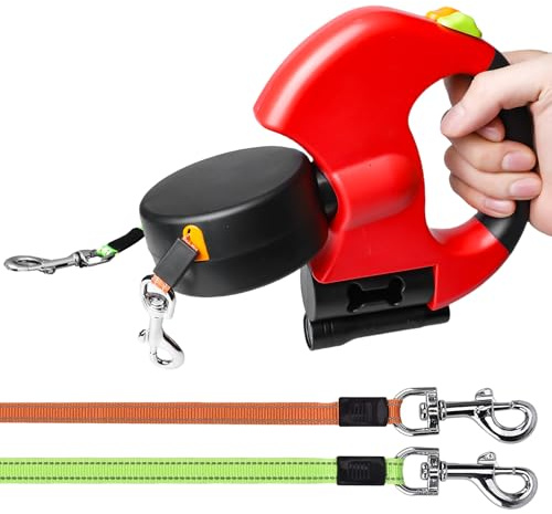 Behogan Doppelte Hundeleine Ausziehbar, 300cm Rollleine Einziehbare Hundeleine, Doppelleine für 2 Hunde, Hundeleine mit Licht, Ergonomischer Griff, Reflektierender Streifen