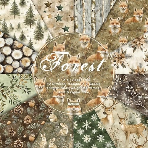 24 Sheets 6 x 6 Forest Scrapbook Paper Fox Pattern Single-Sided Cardstock for Scrapbooking Journal Photo Album
