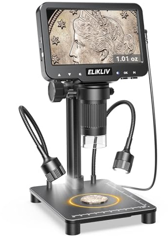 Elikliv Microscope with Weighing Scale, Digital Magnifier for Error Coins, Jewelry Magnifying Glass with Lights, 4.3 LCD Screen 12MP Camera 1080P Video USB PC View for Adults Collectors Supplies