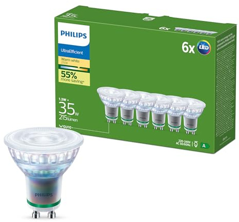 Philips UltraEfficient LED-Lampen GU10 Spots, 6er-Pack, 215 Lumen, 35 W, Flimmerfrei, Augenkomfort, Lange Lebensdauer, Warmweißes Licht 2.700 K