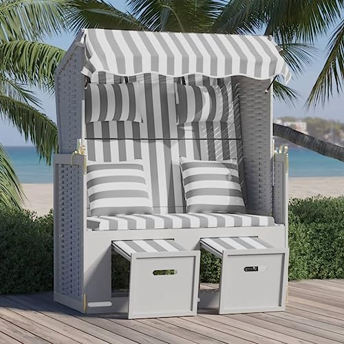 Lumanois Strandkorb mit Kissen Poly Rattan und Massivholz Grau & Weiß,27.4kg,318661