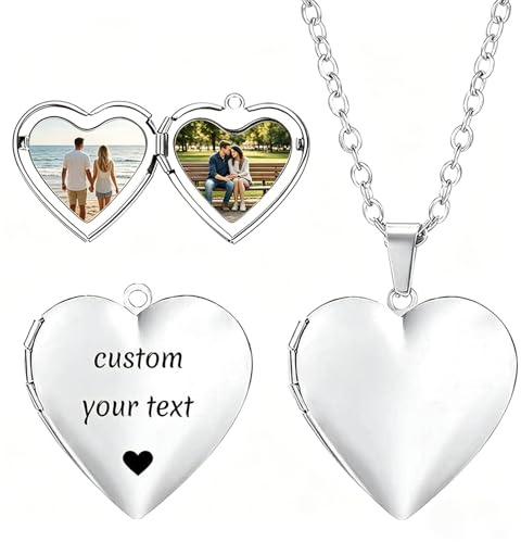 JJ GRADGOWN Personalised Heart Pendant Necklace With Photo Insert, Engravable Heart Necklace, Personalised Gift For Women And Girls (Silver)