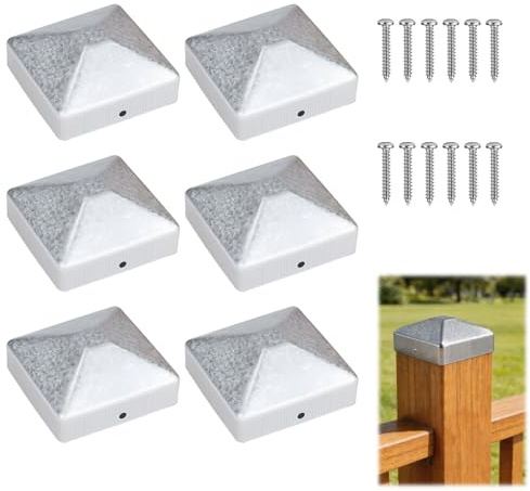 6 Stk Pfostenkappe 10x10cm,Zaunpfosten Kappen,Bodenhülsen für Holzpfosten 10x10cm, Zaun Abdeckkappen,Pfostenkappen,Metall Pfostenabdeckung,Quadratisch Zaunpfahlkappe für Holz Pfosten,mit 12 Schrauben