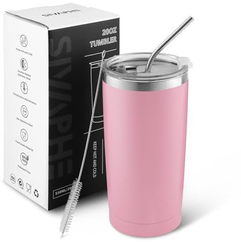Sivaphe 20 OZ Insulated Travel Tumbler Stainless Steel with Straw and Lids, Travel Coffee Cup Double Wall Vacuum Drinking Glasses for Camping Hiking Pink 550ML