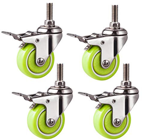 4er Set Lenkrollen,Schwerlastrollen PU-Rollen,Grünem Metall Möbelrollen,304 Edelstahlhalterung,mit Gewindestift M10,Tragfähigkeit 231lb,für Stuhl Tisch Blumenständer (2zoll,Bremse)